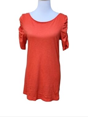 Anthropologie Postmark Red Top 100% Cotton Button Detail Shoulder Ruched Sleeves